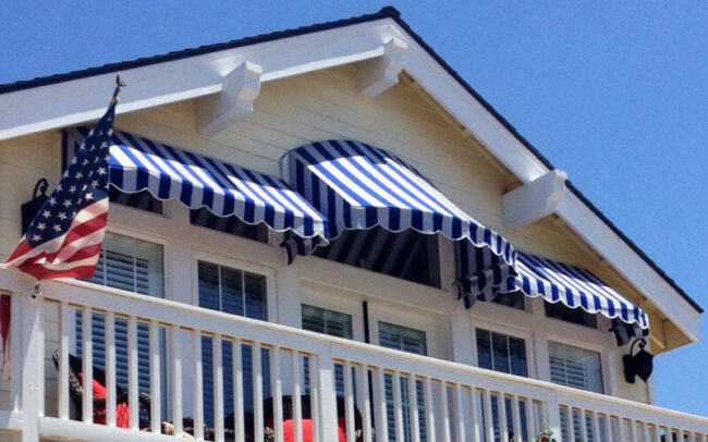 Blue and White fixed frame Awnings