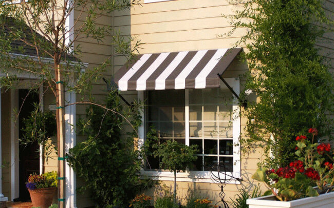 Brown and White fixed frame awnings